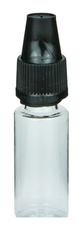 Clear PET vape bottle with black CRC cap — 10 ml style